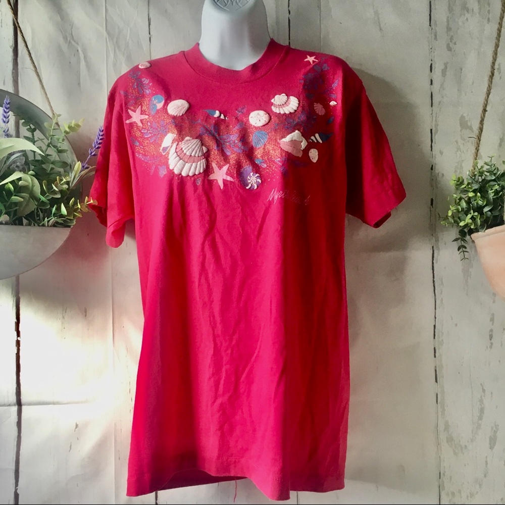 Vintage Tee Shirt Myrtle Beach Hot Pink Puffy Seashells Single Stitch